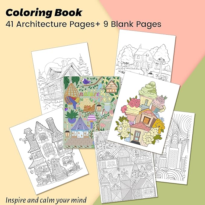 Architecture Coloring Book for Adults 41 Unique Single Sided Patterns and 9 Blank Pages with 12 Colored Pencils Set 130GSM Thick Paper Stress Relief & Mindfulness Gift for Women Men, 8.5 X 11in
