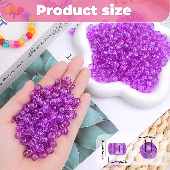 Plastic Pony Beads, 1000 Pcs, 6x9mm, for Bracelet, Hair Braiding, Friendship Bracelets, Jewelry Making (Purple Glitter)