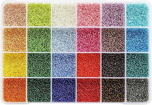 2mm Sliver Lined Glass Seed Beads About 24000pcs in Storage Box,12/0 Small Craft Seed Beads for Jewelry Making (1000Pcs Per Color, 24 Colors)