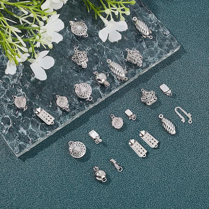 PH PandaHall 24 Sets 6 Style Filigree Box Clasps Filigree Pearl Clasps Platinum Plated Brass Single Strand Jewelry Clasps for DIY Pearl Necklace Bracelet Making