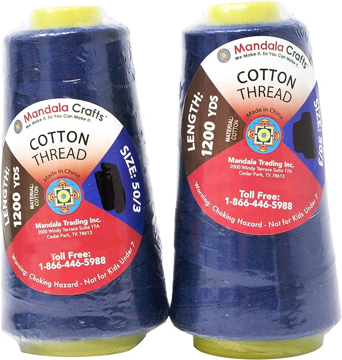 Mandala Crafts Blue Thread Cones for Machine and Hand Quilting - 2400 Yds 50 WT Multiple Purpose Mercerized 100% Cotton Threads for Sewing Machine Serger Embroidery