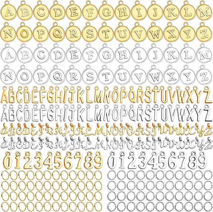 LEOBRO Letter Charms, 376 Pcs Gold & Silver Charms for Jewelry Making, Necklace, Bracelet, Jewelry Making Supplies, with Jump Rings