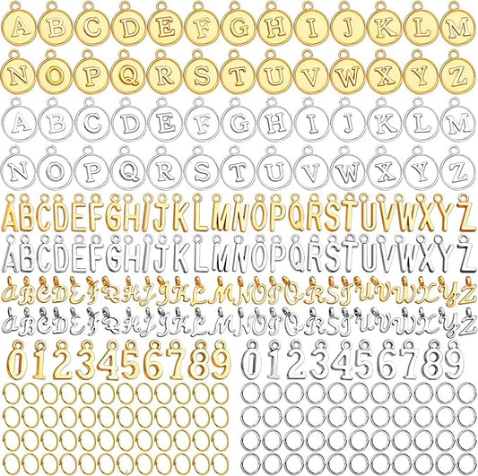 LEOBRO Letter Charms, 376 Pcs Gold & Silver Charms for Jewelry Making, Necklace, Bracelet, Jewelry Making Supplies, with Jump Rings