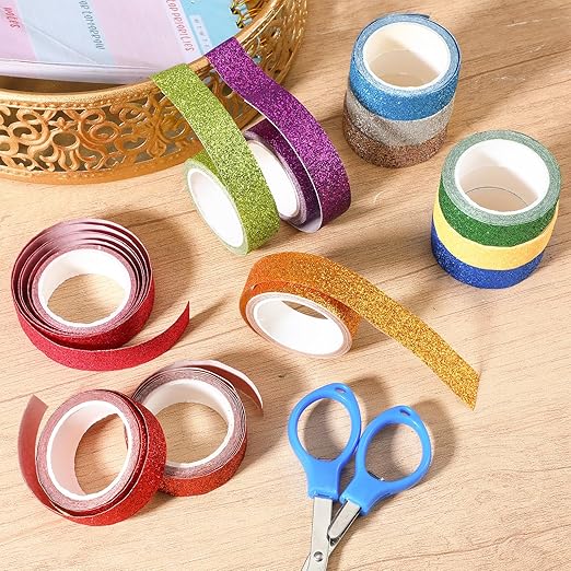 Vin Beauty Glitter Washi Tape Set 12 Rolls Colored Decorative Tape Set, Sparkle Metallic Washi Tapes Adhesive Washintape for Art, Scrapbook DIY Craft Projects Gift Wrapping Decor & Crafts