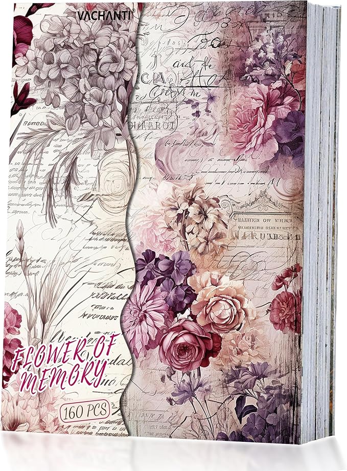 160 Sheets Vintage Flower Scrapbook Paper, Junk Journal Supplies, Purple Pink Flowers with Cursive Script No Repeating Perfect for Junk Journal DIY Cards Craft Albums Scrapbooking Supplies (Purple)