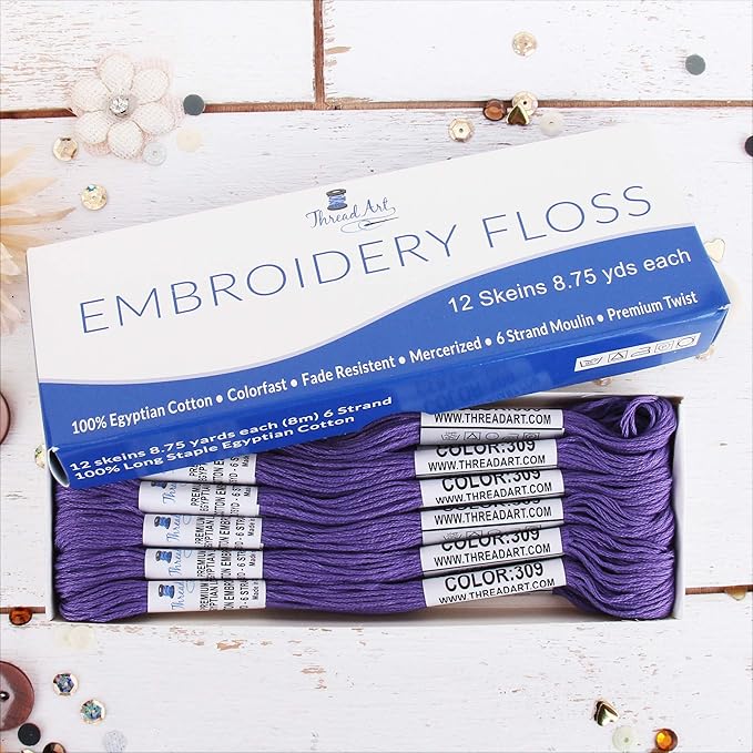 12 Skeins ThreadArt Premium Egyptian Long Fiber Cotton Embroidery Floss | Violet | 6 Strand Divisible Thread 8.75yds Each for Hand Embroidery, Friendship Bracelets, Cross Stitch and Crafts