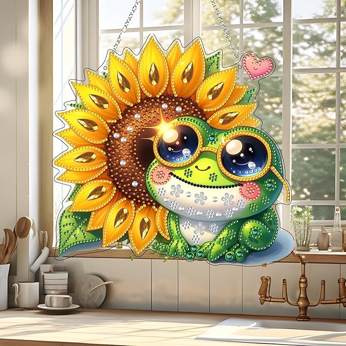 JJFox Diamond Art Hanging Kit for Adult,Special Shaped Rhinestone,Double Sided 5D DIY Acrylic Diamond Art Painting Window Pendants Home Garden Wall Hanging Kits Hanging Ornament (Frog)