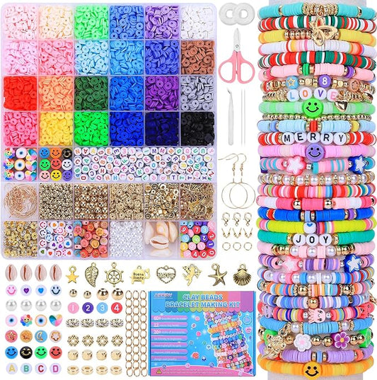 AIPRIDY Girls Toys Bracelet Making Kit, Clay Beads Jewelry Activity Kit, DIY Crafts Birthday Christmas Gifts for Girls Ages 5 6 7 8 9 10 11 12 Years Old (24 Colors 6500 Pcs)