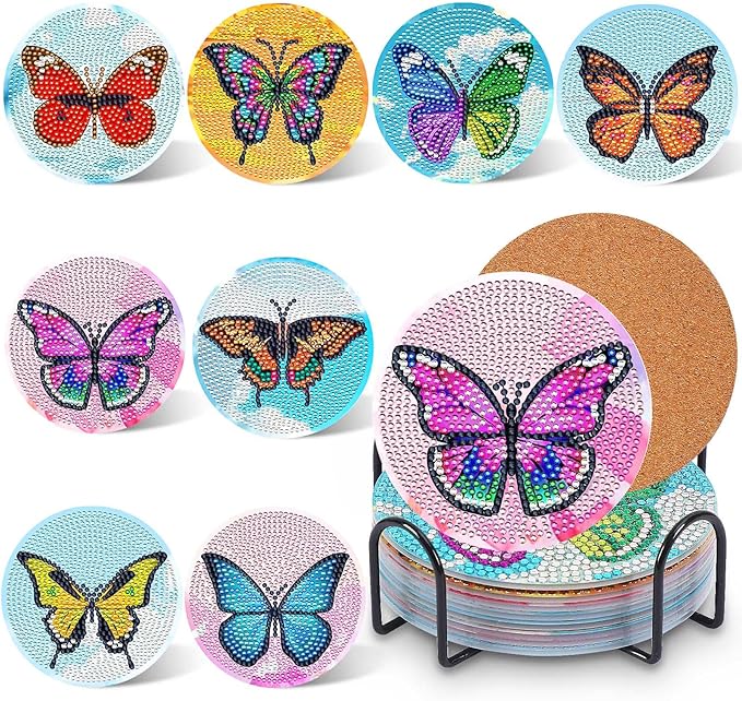 UPINS 8Pcs Diamond Art Painting Coasters for Drinks DIY Life Coaster Diamond Art Kits for Adults Kids Beginners Diamond Art Craft Supplies (Butterfly)