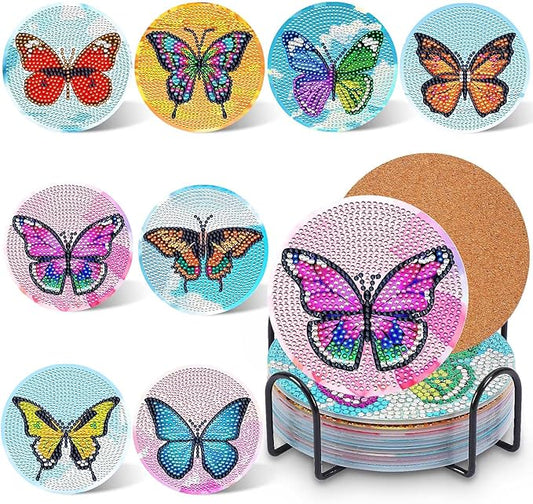 UPINS 8Pcs Diamond Art Painting Coasters for Drinks DIY Life Coaster Diamond Art Kits for Adults Kids Beginners Diamond Art Craft Supplies (Butterfly)