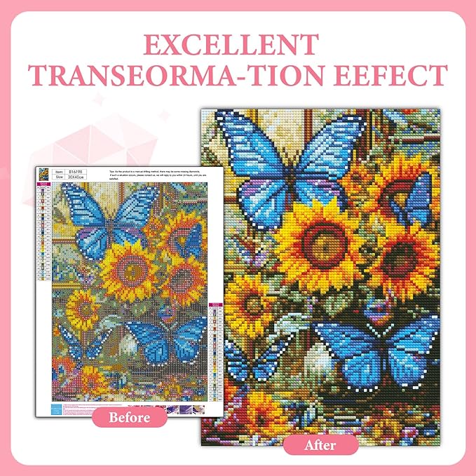 GEEHEIY Sunflower Diamond Art Kits for Adults, 5D Butterfly Diamond Painting Kits for Beginner, DIY Blue Butterfly Gem Art Dots for Adults, Perfect for Home Wall Decor 12x16 Inch