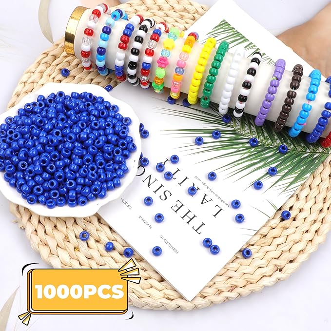 Royal Blue Pony Beads for Bracelet 1000 Pcs Plastic Beads for Friendship Bracelets 6x9mm Large Hole Beads for Hair Braiding Small Beads Necklace Earrings Jewelry Making