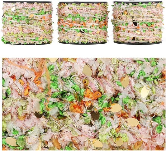 Artisanal Yarn Collection Multifiber Fancy Yarn for Knitting Crocheting Crafts DIY, Set of 3 Rolls (Interwoven Pink & Green with Golden Sequins)