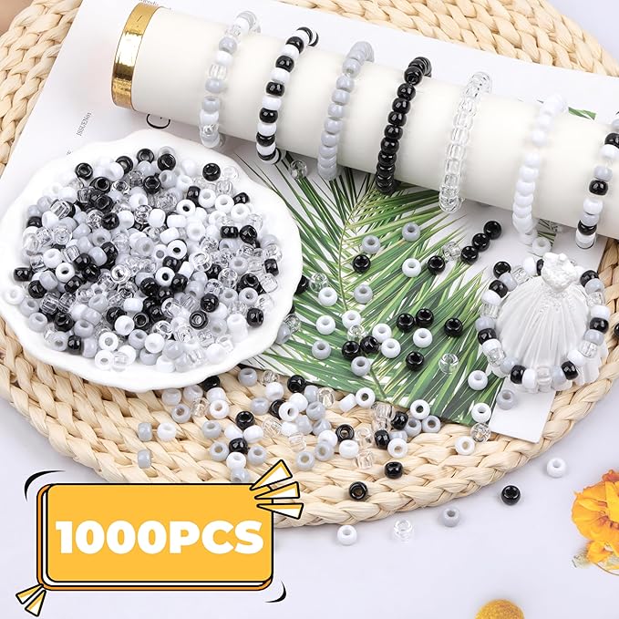 Black White Pony Beads 1000 Pcs Beads for Jewelry Making Plastic Clear Beads for Bracelet 6x9mm Transparent Beads for Hair Braiding Friendship Bracelets(Black White Gray Transparent)