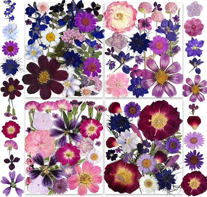 150PCS Purple Dried Pressed Flowers with Butterfly Stickers - YouthBro Real Nature Flowers Set for Resin DIY Jewelry Candle Soap Vase Making Nail Card Scrapbook Art Craft Floral Decors