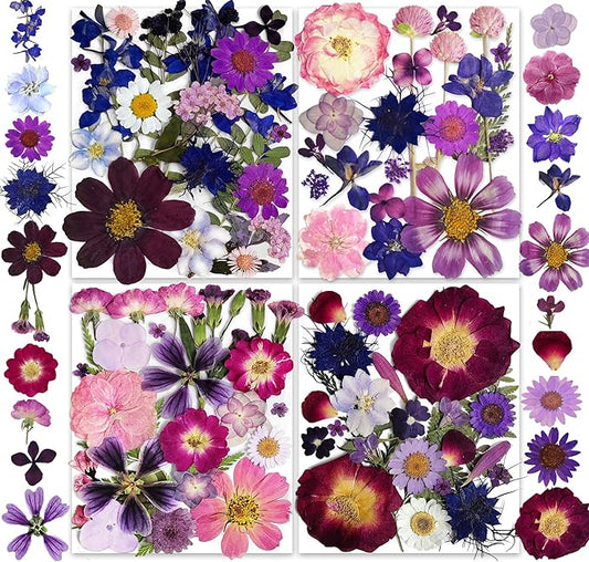 150PCS Purple Dried Pressed Flowers with Butterfly Stickers - YouthBro Real Nature Flowers Set for Resin DIY Jewelry Candle Soap Vase Making Nail Card Scrapbook Art Craft Floral Decors