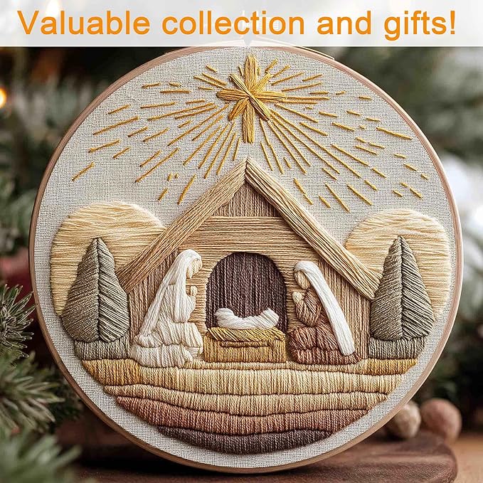 REEWISLY 4set Christmas Embroidery Kit for Adults Beginners, 4 Nativity Scenes with 2 Hoops, Counted Cross Stitch Kits with Floss & Needles, Beginner Embroidery Starter Kit for Handmade Holiday Decor