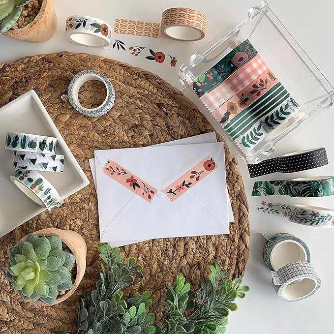 zynshe washi tape set of 16 rolls of 15 mm wide cute decorative washi tape for journaling, scrapbook, washy crafts, bullet journals, planners, diy décor, gift wrapping, craft supplies (meadow)