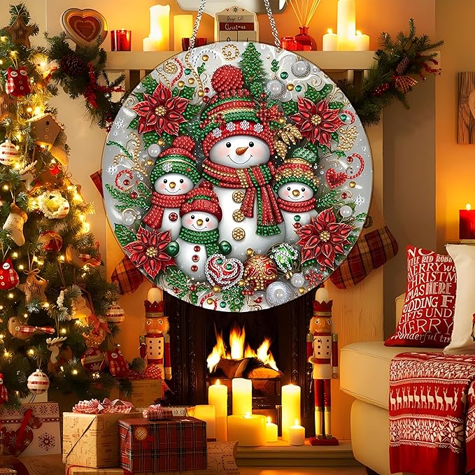 DIY Diamond Art Painting Wreath Kits，Special Shaped Rhinestone Hanging Ornament Diamond Art Window Pendants for Gift Home Garden Wall Hanging Kits,Double Sided (Snowman-1)