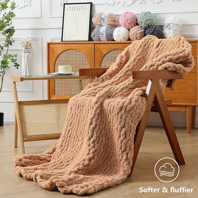 Chunky Yarn for Hand Knitting - #10 Chunky Chenille Yarn, Jumbo Big Thick Chunky Yarns for Crocheting, Super Bulky Chunky Knit Blanket Yarns, 8 Skein (25 yds 8 oz Each Skein), Light Coffee