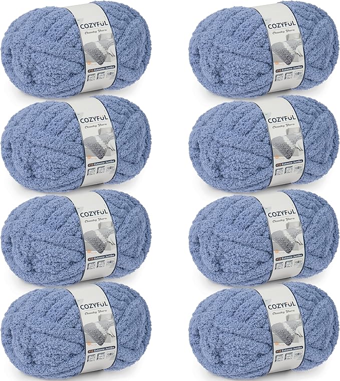Chunky Yarn for Hand Knitting - #10 Chunky Chenille Yarn, Jumbo Big Thick Chunky Yarns for Crocheting, Super Bulky Chunky Knit Blanket Yarns, 8 Skein (25 yds 8 oz Each Skein), Blue Gray
