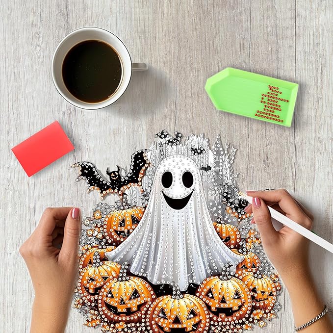 SENQAO Ghost Diamond Art Hanging Kits for Adults, Acrylic Diamonds Painting Pendant Board Kits Halloween Pumpkin, Diamond Art Painting Window Pendants Home Garden Wall Hanging Kits Hanging Ornament