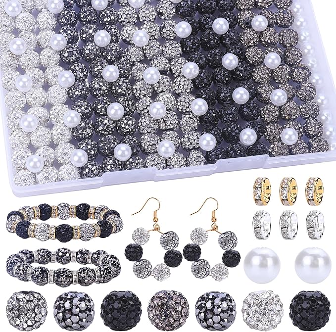 AIPRIDY Jewelry Making Beads Set, 300 PCS 10mm Rhinestone Clay Beads, 8mm Mixed Color Spacer Beads with Pearl and Floral Beads for DIY Jewelry Making (White + Black Series)