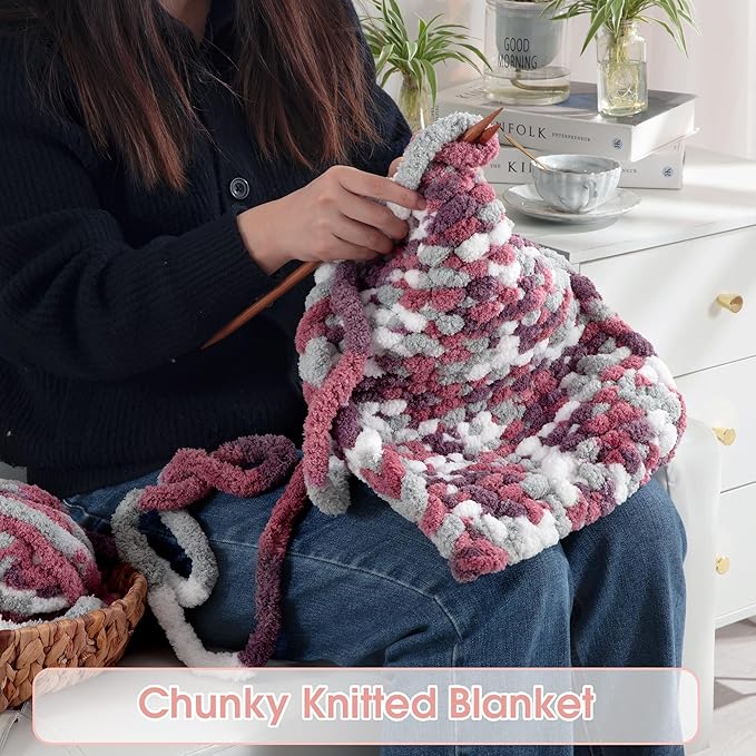 HOMBYS Chunky Tie Dye Mix Chenille Yarn for Hand Knitting, Super Bulky Jumbo Yarn for Crocheting, 3/4" Thick Soft Plush Yarn for Blankets, 12 Skein Pack (26 yds / 7.5 oz Each) Red Purple