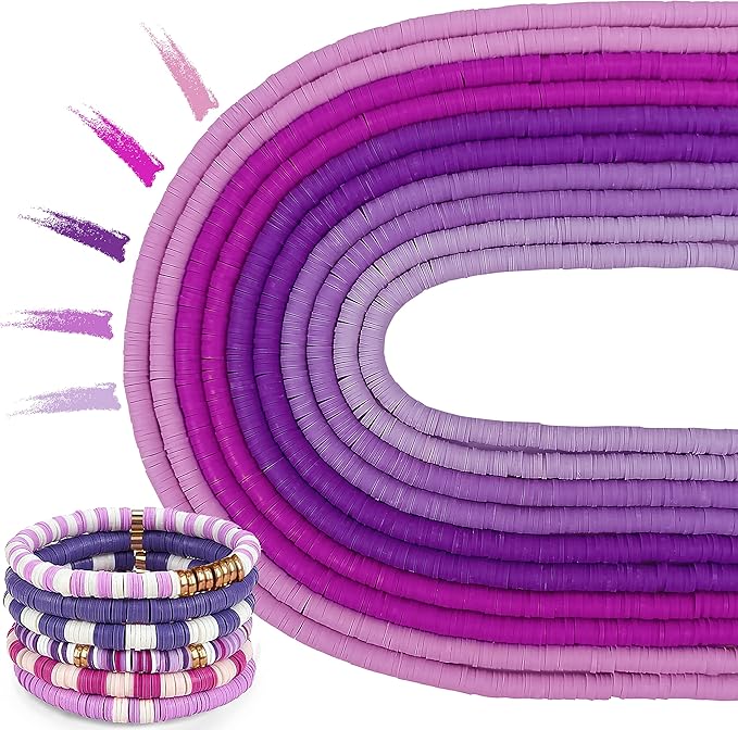 MIIIM 3600 PCS 10 Strands Clay Beads Polymer Clay Beads for Jewelry Making, Vinyl Heishi Beads 6mm for Surfer Bracelets Necklace Making (Purple)