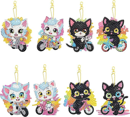 Masendp 8 Pieces Diamond Painting Keychain Animal Cat Style Diamond Art Jewelry Double-Sided 5D Diamond Painting Kit for Beginners Adult DIY Art Craft Gifts Home Decor for cat Lovers Best Gifts