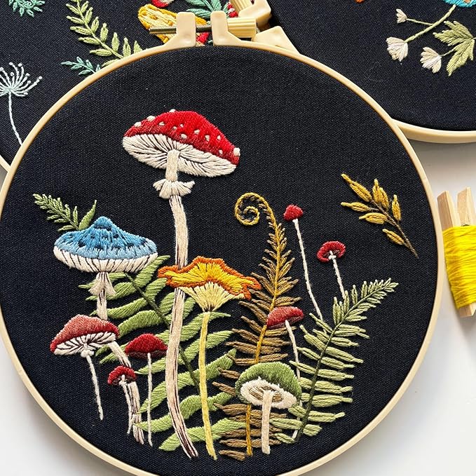 Myfelicity Embroidery Kit with Mushroom Patterns, 3 Hoops, Fabric, Threads, Needles, Instructions (red)