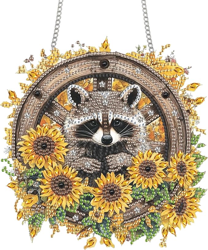 Bimkole Raccoon Diamond Art Hanging Kit for Adult, DIY 5D Sunflowers Diamond Art Painting Window Pendant, Acrylic Crystal Art Hanging Ornament for Wall Home Garden Front Door Decor - 7.8x7.8 Inch