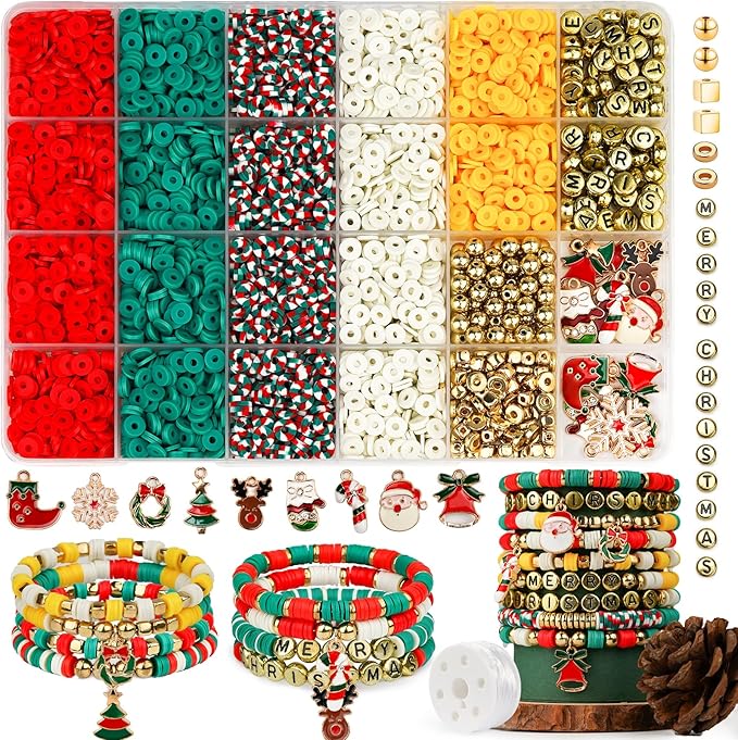 Gionlion Christmas Beads for Bracelets, Clay Beads Bracelat Making kit Golden Beads Christmas Crafts Stocking Stuffers Decorations Charms for Jewelry Making, DIY Crafts Gifts