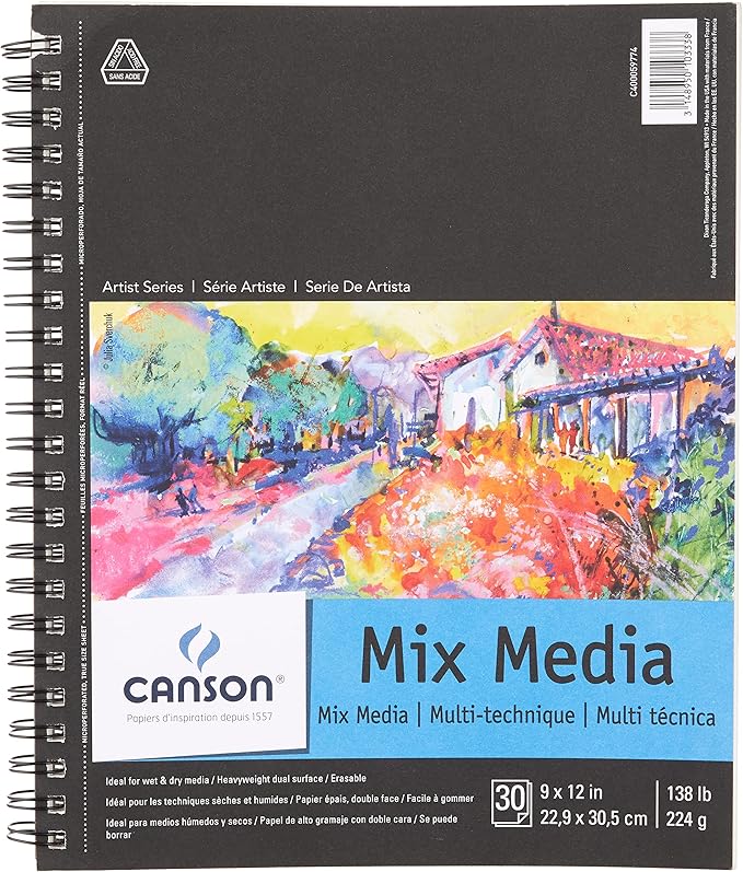 Canson Artist Series Mixed Media Paper, Wirebound Pad, 9x12 inches, 30 Sheets (138lb/224g) - Artist Paper for Adults and Students - Watercolor, Gouache, Graphite, Ink, Pencil, Marker
