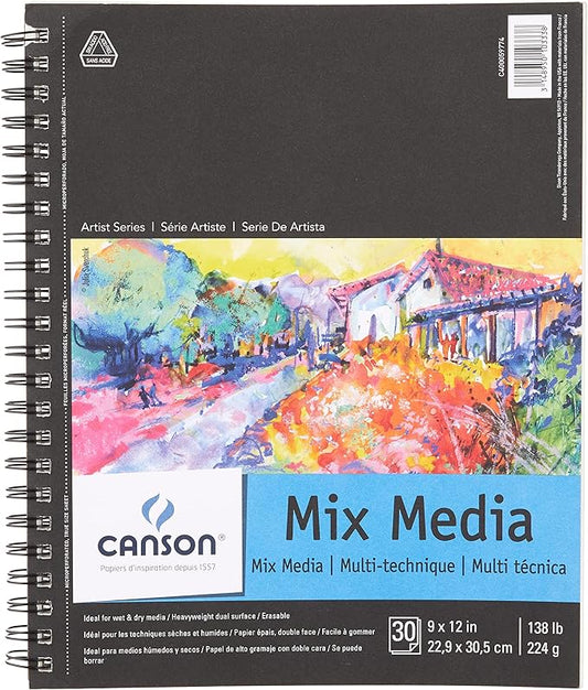 Canson Artist Series Mixed Media Paper, Wirebound Pad, 9x12 inches, 30 Sheets (138lb/224g) - Artist Paper for Adults and Students - Watercolor, Gouache, Graphite, Ink, Pencil, Marker
