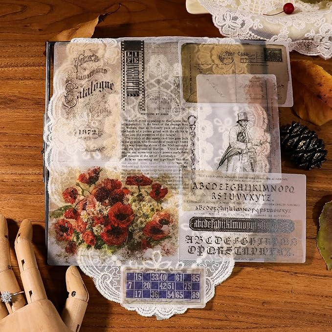 CATaireen Vintage Junk-Journal Mixed Paper Scrapbooking Embellishments Set Retro Journaling Decoupage Stickers Textured Packaging Decorative Cards Tags Kit (Old Memory)