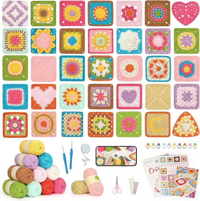 Katech Crochet Kit for Beginners-Crochet Kit for Adults Kids w/Step-by-Step Video Tutorials, Learn to Crochet 50 Pattern Granny Square Kit Crochets Starter Kits w/Upgraded Yarn-Zero Based Friendly