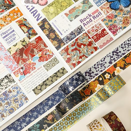 10 Rolls Sakura Washi Tape Set Japanese Arts Adhesive Tapes Gold Silver Foil Decorative Masking Tape Sets for Craft, Kids, Scrapbook, DIY, Gift Wrapping (Golden Kimono)