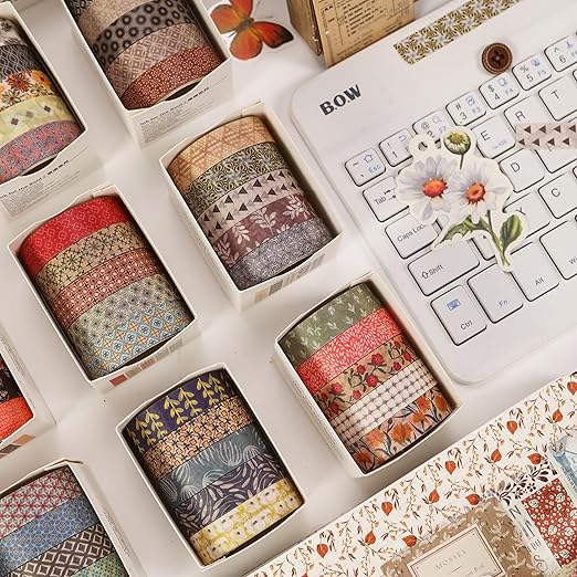 Fantasy Washi Tape Set - 5 Rolls Texture Arts Adhesive Tapes Basic Patterns Decorative Masking Tape Sets for Craft, Kids, Scrapbook, DIY, Gift Wrapping (4-Neutral Geometry)