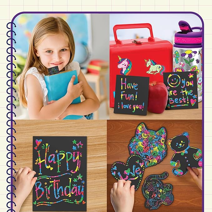 PURPLE LADYBUG Rainbow Scratch Art Paper, 79 PCS Creative Drawing Paper & Stencils - Arts and Crafts for Ages 4-12, Kids Craft Activity Set, Easter Basket Stuffers for Kids, Summer Wedding Activities
