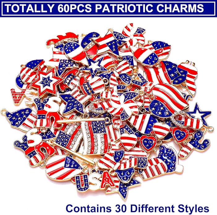 60PCS Patriotic Charms 4th of July Pendants for Jewelry Making Independence Day American Flag Heart Star Charms for Necklace Earring Bracelet Making Holiday Decorations