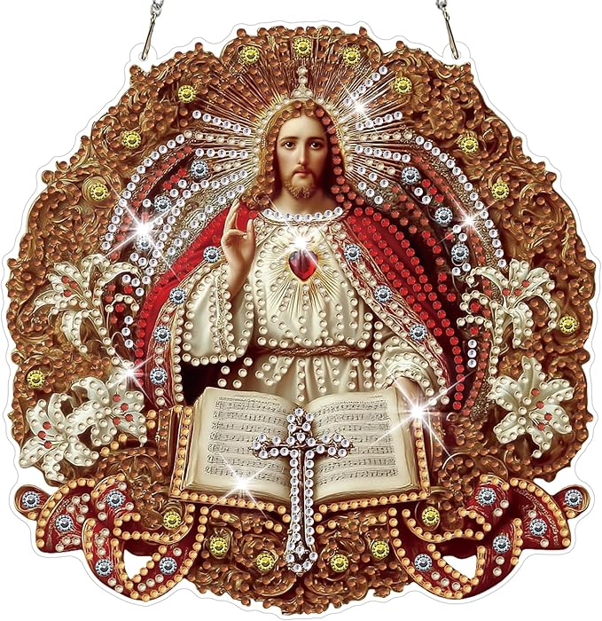 HEIBAGO Easter Diamond Art Hanging Kits Jesus for Adults, Diamond Art Suncatchers, 5D Special Shape Diamond Painting Pendant, DIY Window Ornament Gifts for Home Garden Door Wall Decor 8.3 x 8.3 Inch