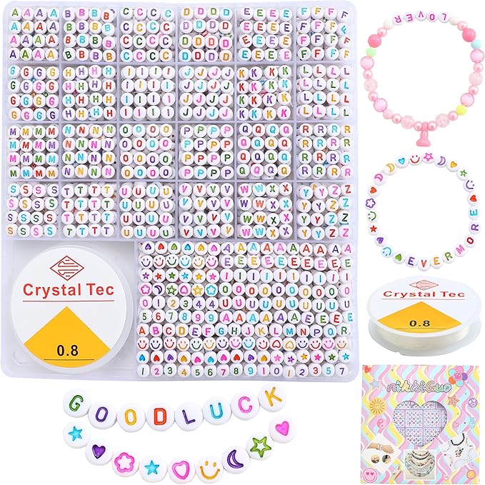 nikkiGuo 1250 PCS Letter Beads Kit with Elastic Cord – Alphabet A–Z, Numbers, Heart, Moon, Star, Smiley Beads for Friendship Bracelets & DIY Jewelry (White Beats & Colorful Letters)