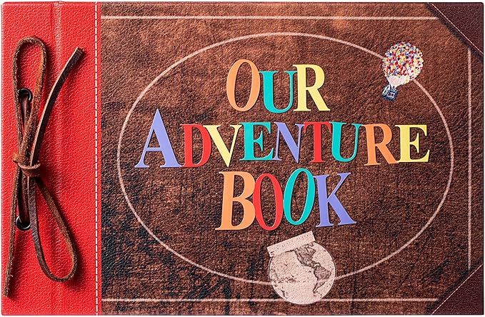 Scrapbook Photo Album,Our Adventure Scrap Book, Embossed Words Hard Cover Movie Up Travel Book for Anniversary, Wedding, Travelling, Baby Shower, etc (Leather Adventure Book)