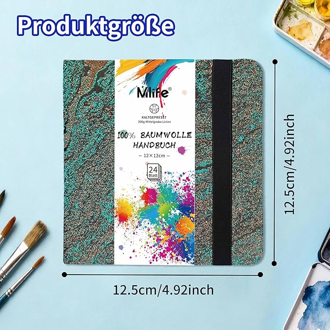 Mlife Square Watercolor Sketchbook,100% Cotton,300gsm/140lb,Acid-Free,Watercolor Journal for Artists Adults Students,4.7 * 4.7 Inches(Green Wave)