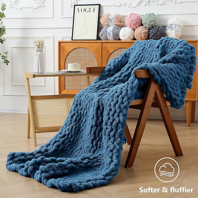 Chunky Yarn for Hand Knitting - #10 Chunky Chenille Yarn, Jumbo Big Thick Chunky Yarns for Crocheting, Super Bulky Chunky Knit Blanket Yarns, 8 Skein (25 yds 8 oz Each Skein), Indigo