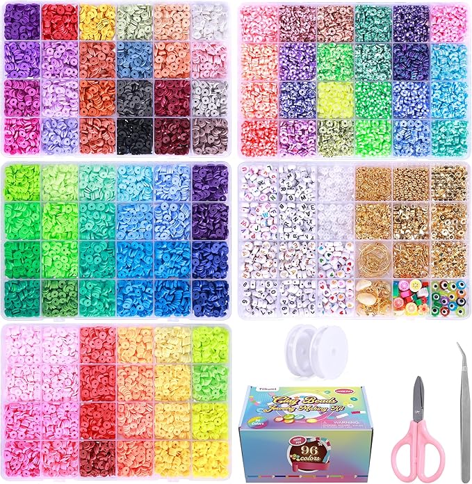 Tilhumt Clay Beads Bracelet Making Kit for Adult, 16000 Pcs 96 Colors Preppy Flat Polymer Clay Beads for Friendship Jewelry Making Polymer Heishi Bead with Charms Kit, Gifts for Art and Craft Lovers