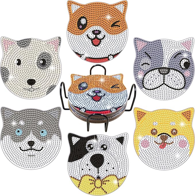 Vcekract Diamond Painting Coasters Kits, 6 Pices Dog Diamond Art Coasters with Holder, Crafts Kits for DIY Coasters, Diamond Art Kits for Adults