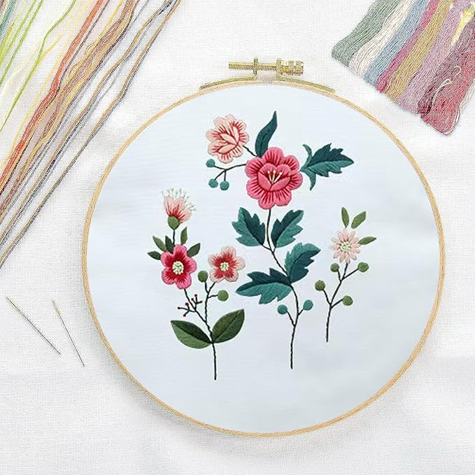 CREAWONDER Canvas Tote Bag Embroidery Kit with Pattern for Beginners, Arts and DIY Embroidery Crafts Kits for Adults, Include Instructions, Thimble, Embroidery Hoops, Color Threads and Tool