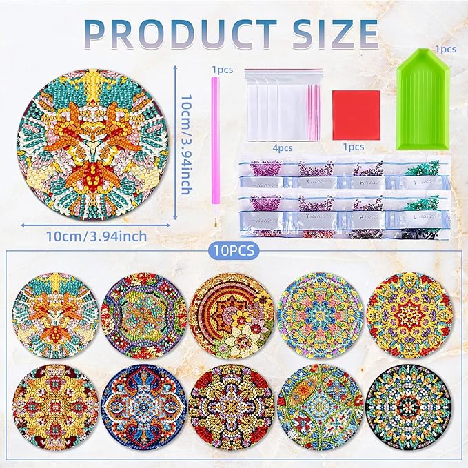 EWJRNSF 10 PCS Diamond Art Coasters Kit, Small Diamond Painting Coasters, Fall Diamond Art Kits for Adults Beginners, Arts and Crafts Supplies Item Sets with Holder Mandala